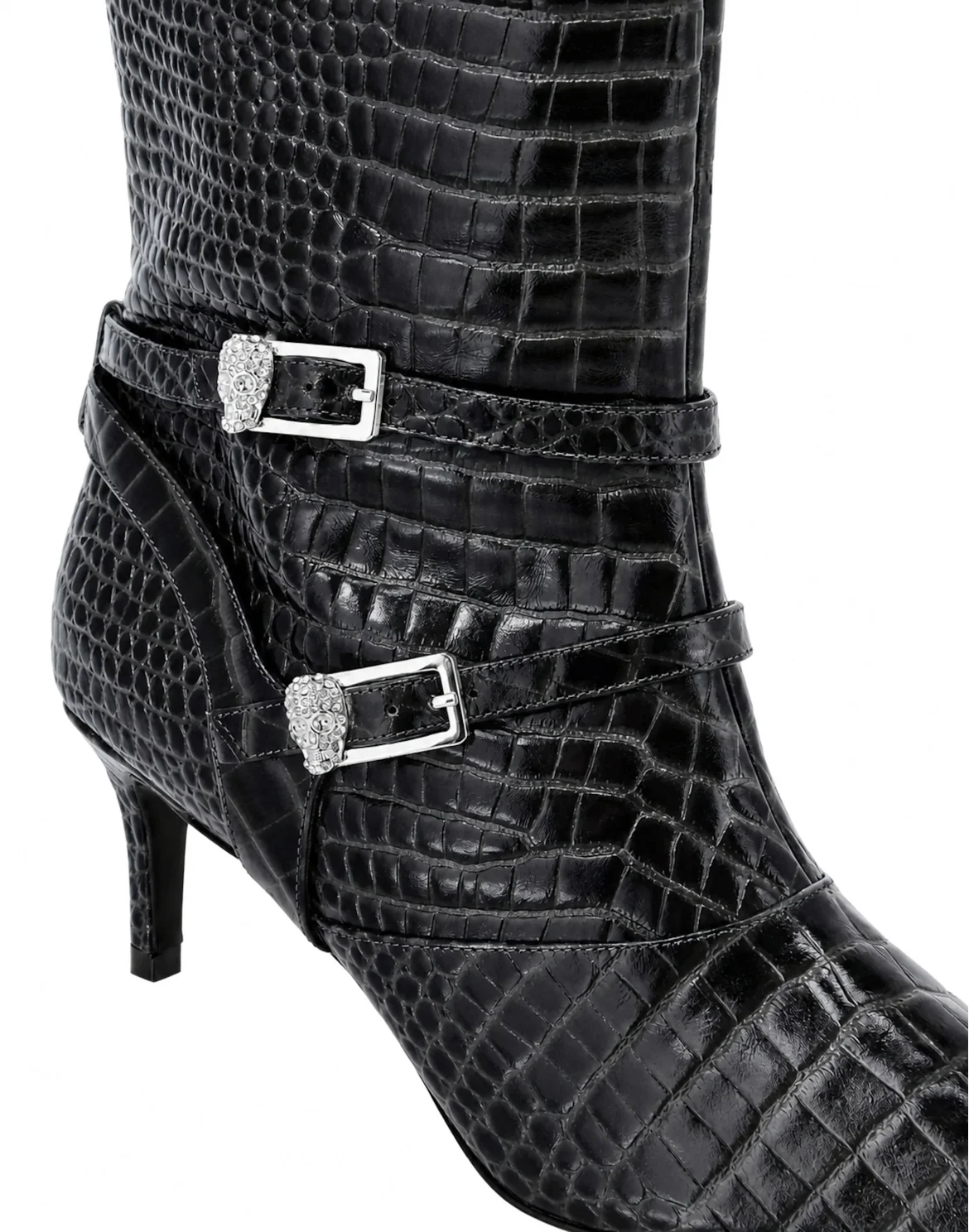 Low-Heel Strapped High Boots Cocco Print, цвет: Черный