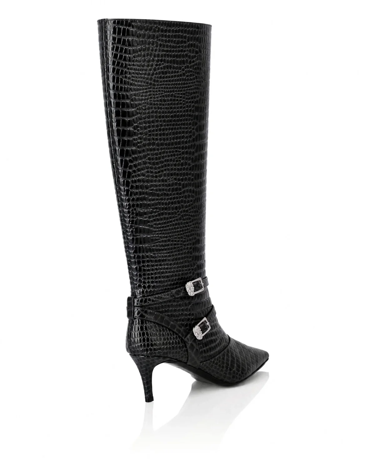 Low-Heel Strapped High Boots Cocco Print, цвет: Черный
