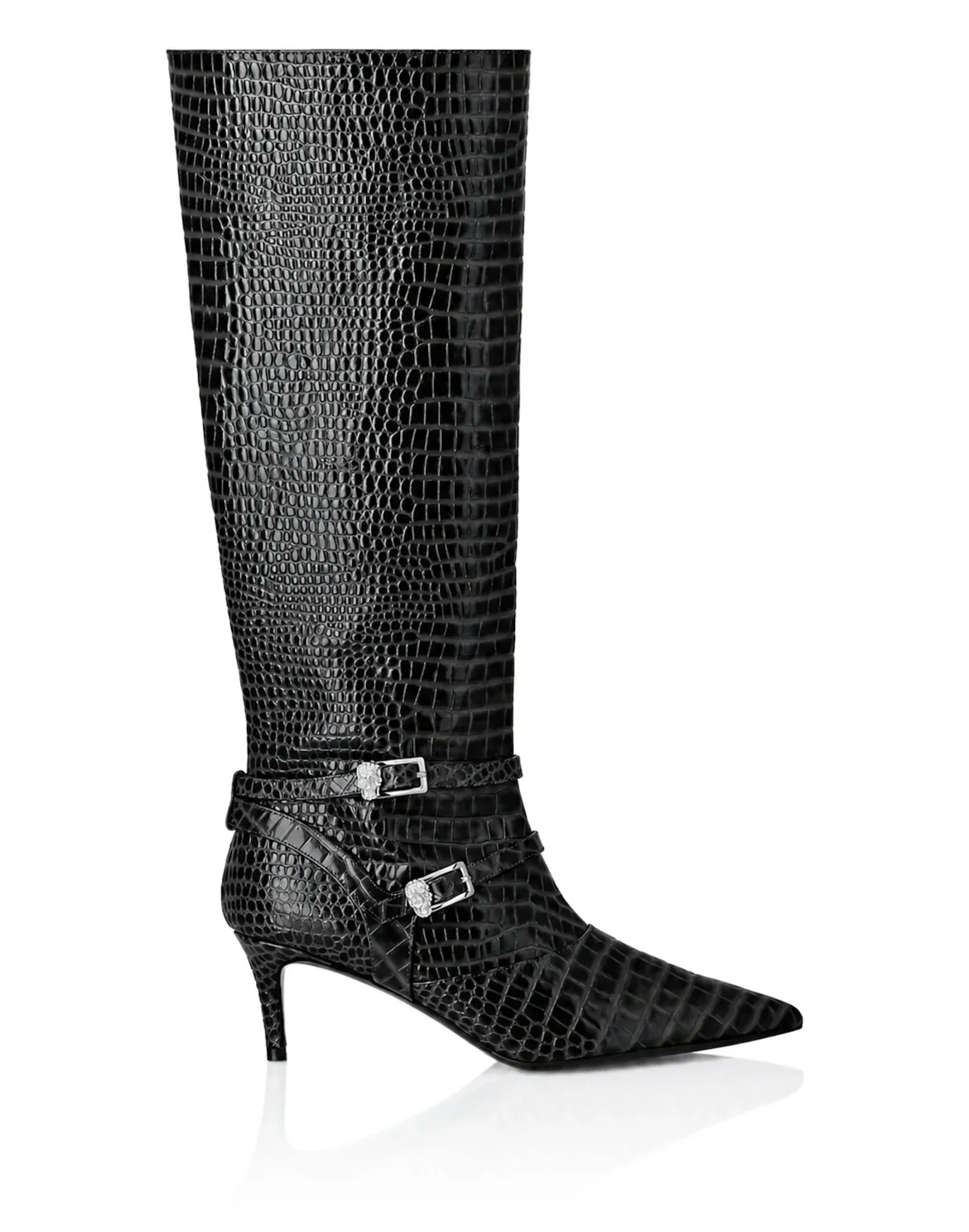 Low-Heel Strapped High Boots Cocco Print, цвет: Черный