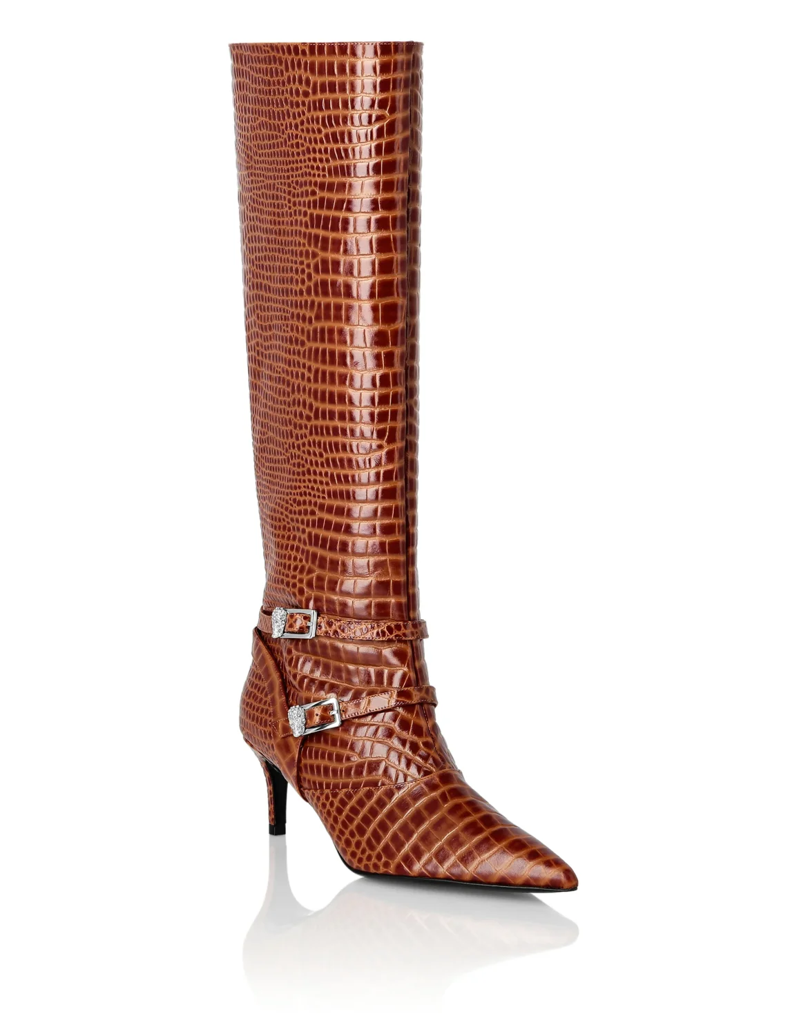 Low-Heel Strapped High Boots Cocco Print, цвет: Коричневый