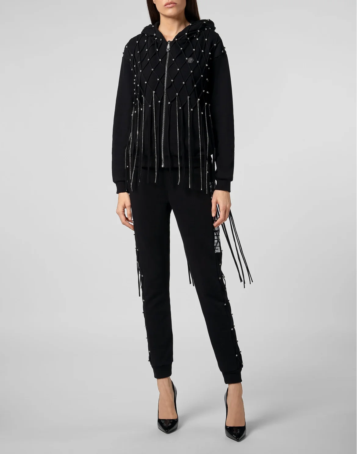 Hoodie Sweatjacket Net Crystal Touch Fringe, цвет: Черный