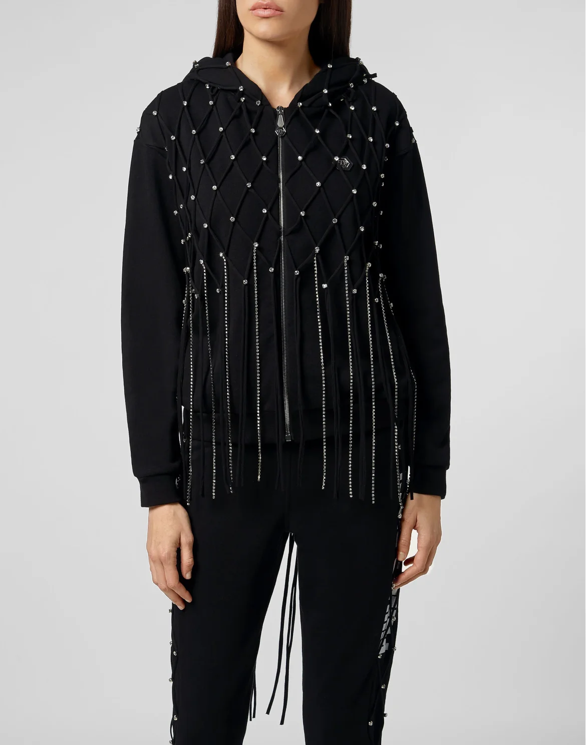Hoodie Sweatjacket Net Crystal Touch Fringe, цвет: Черный