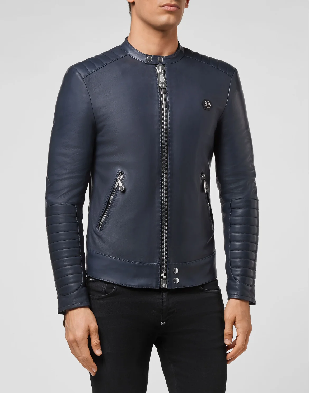 Lambskin handstitched Moto Jacket Iconic Plein, цвет: Синий