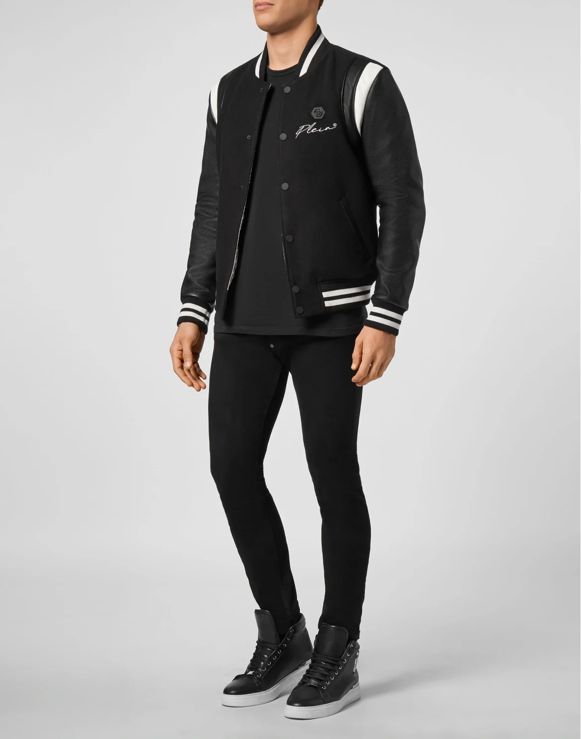 Slim Cut Wool And Leather Bomber Embroidery, цвет: Черный