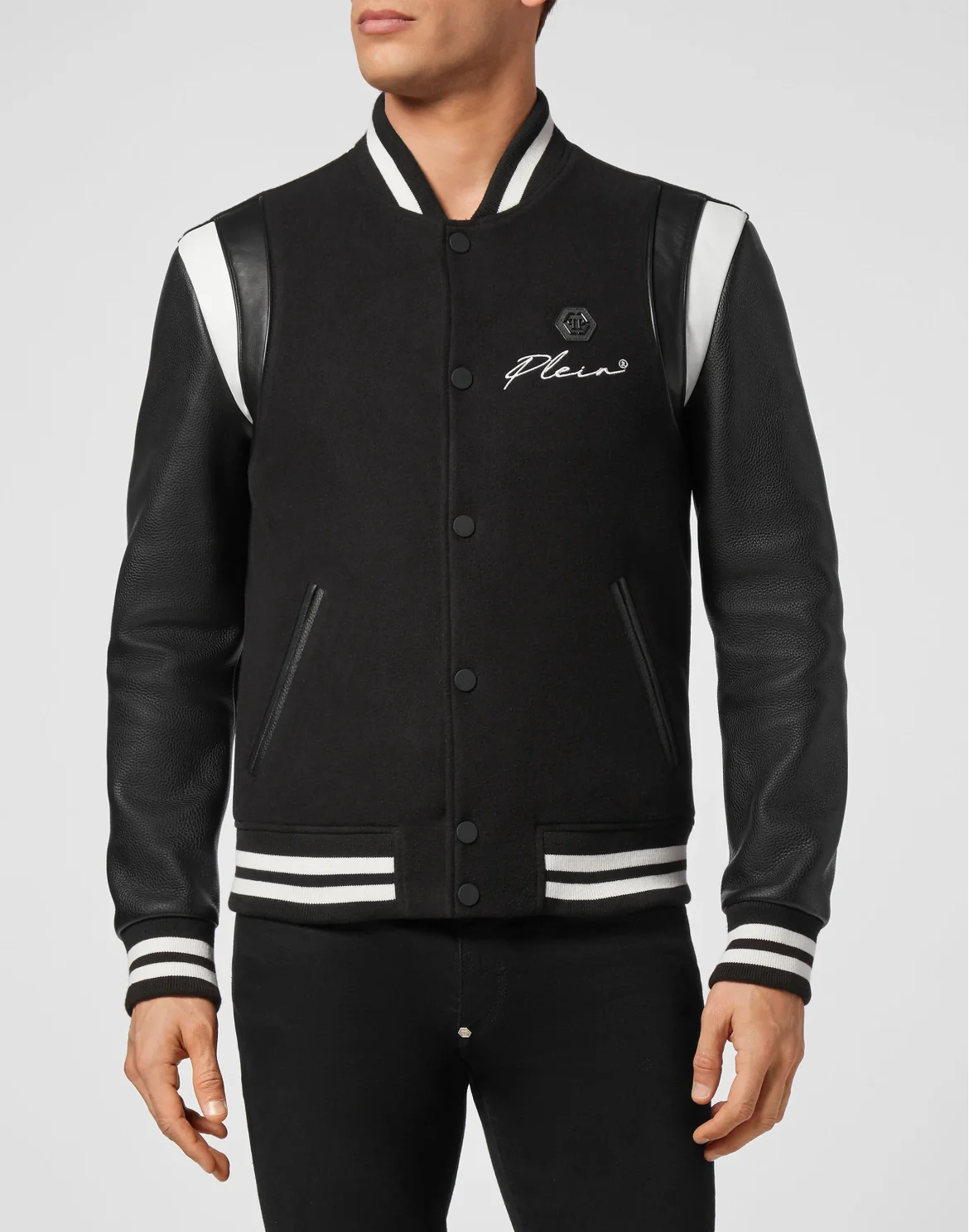 Slim Cut Wool And Leather Bomber Embroidery, цвет: Черный