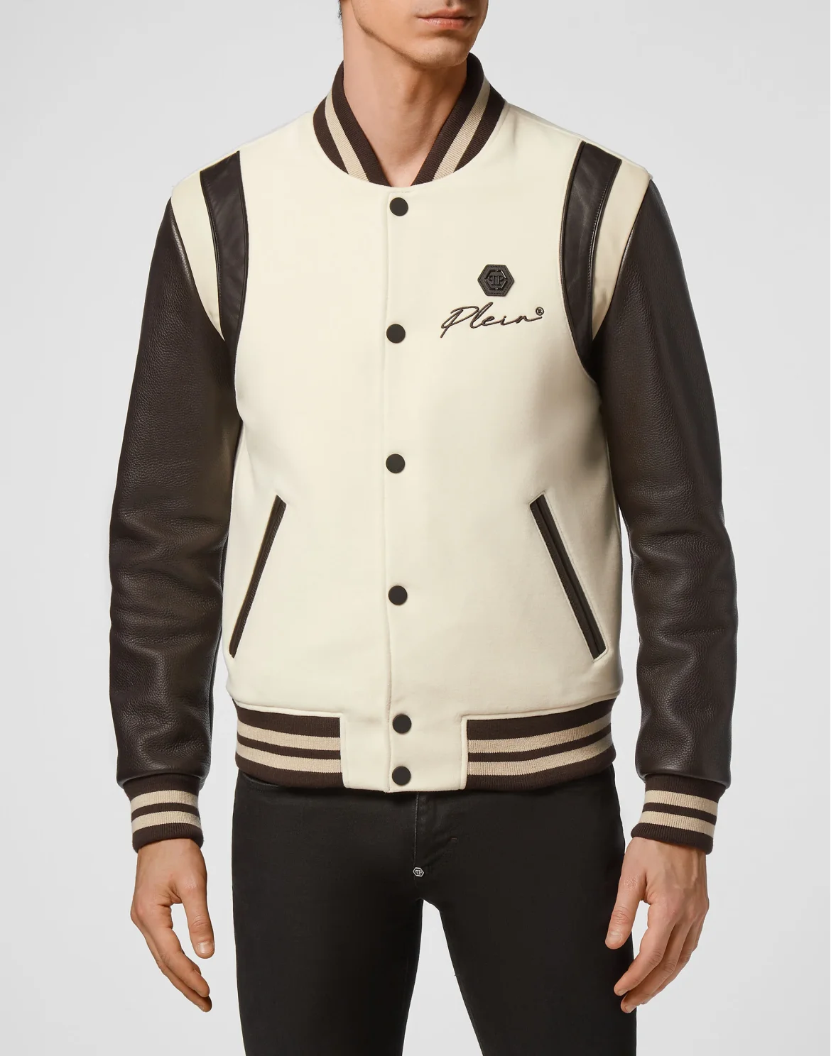Slim Cut Wool And Leather Bomber Embroidery, цвет: Бежевый