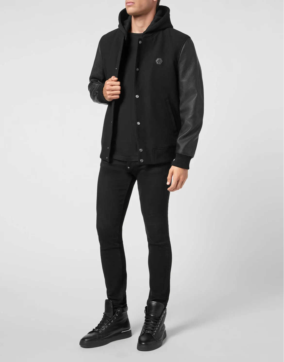 Bomber Jacket Leather Sleeves, цвет: Черный