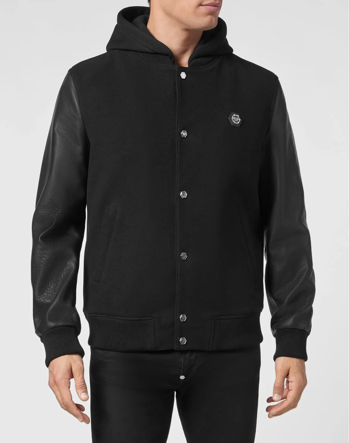 Bomber Jacket Leather Sleeves, цвет: Черный