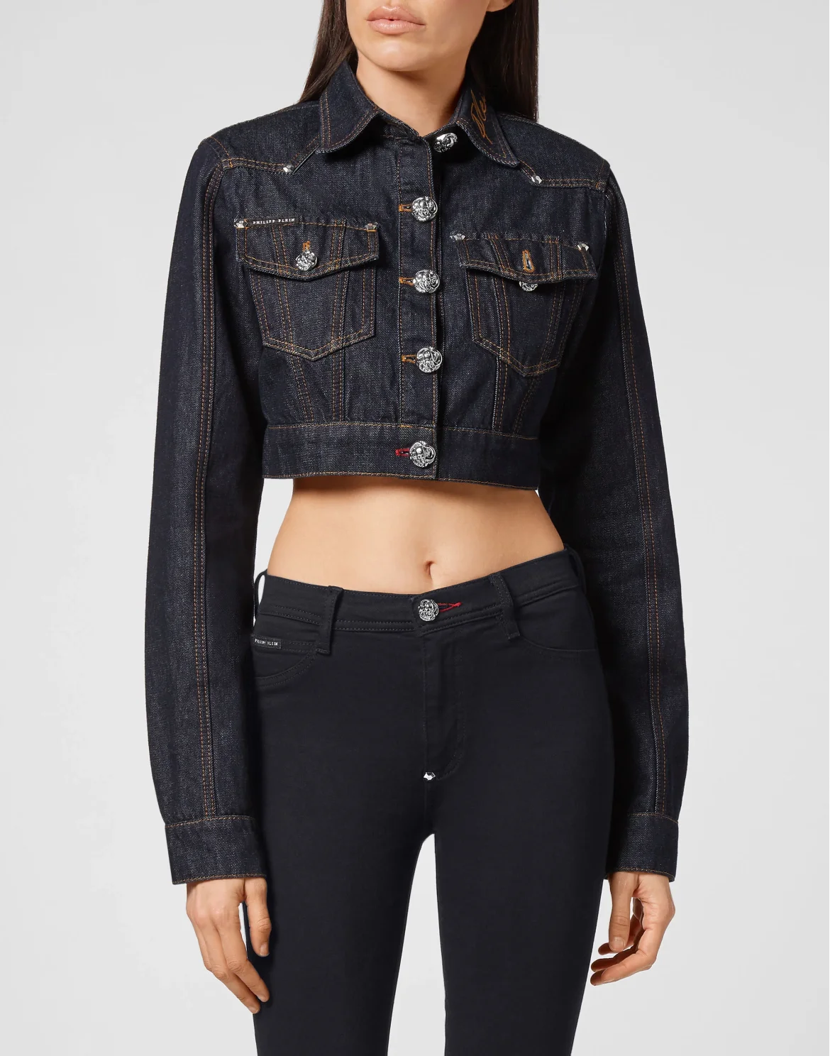 Denim Cropped Jacket Chains, цвет: Синий
