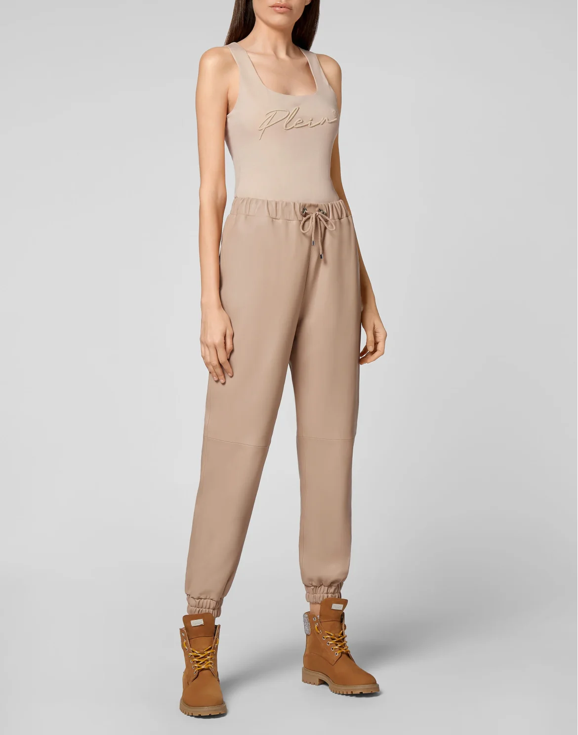 Soft Leather Jogging Trousers, цвет: Бежевый