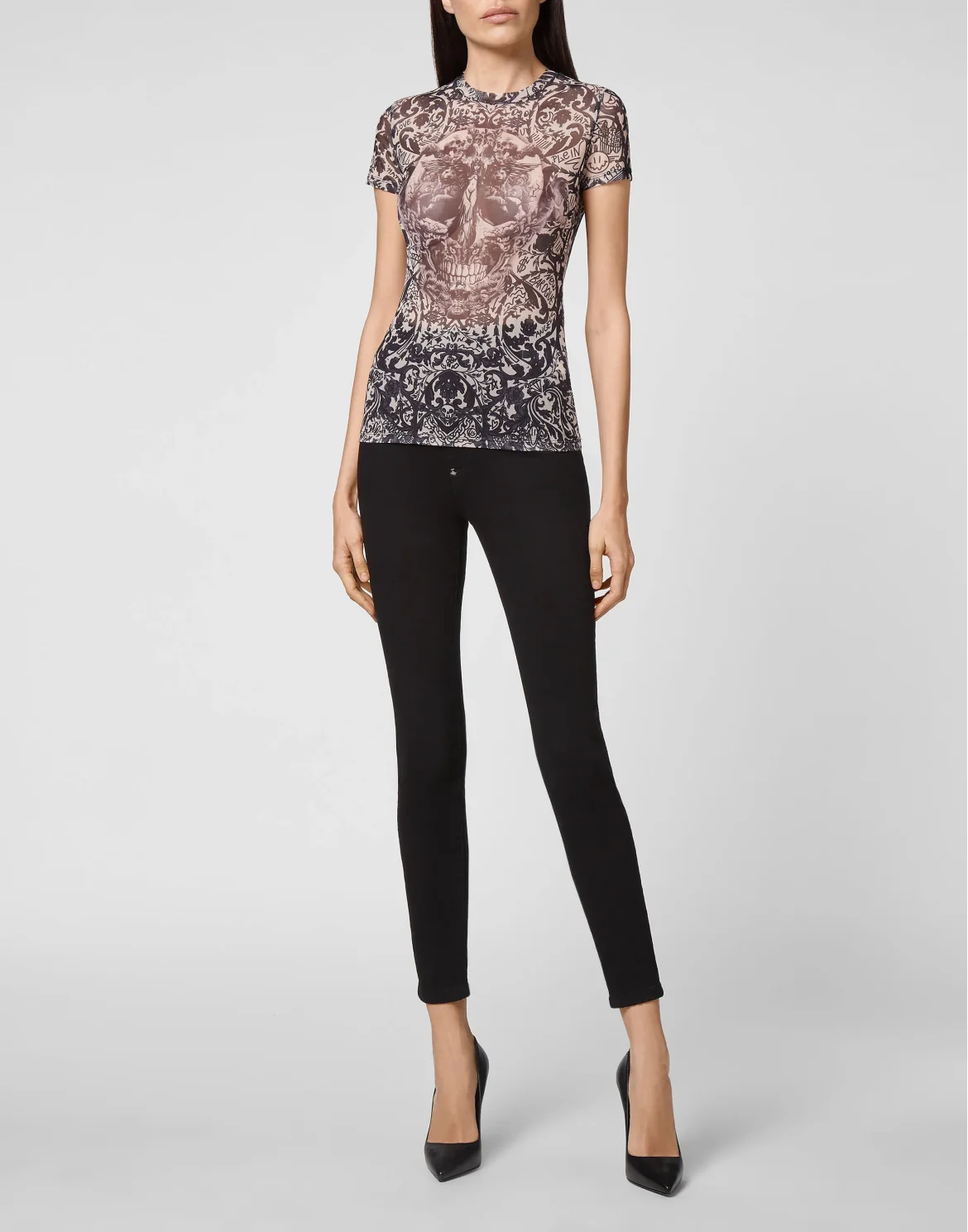 T-Shirt Round Neck SS Stretch Printed Tulle New Baroque, цвет: Розовый