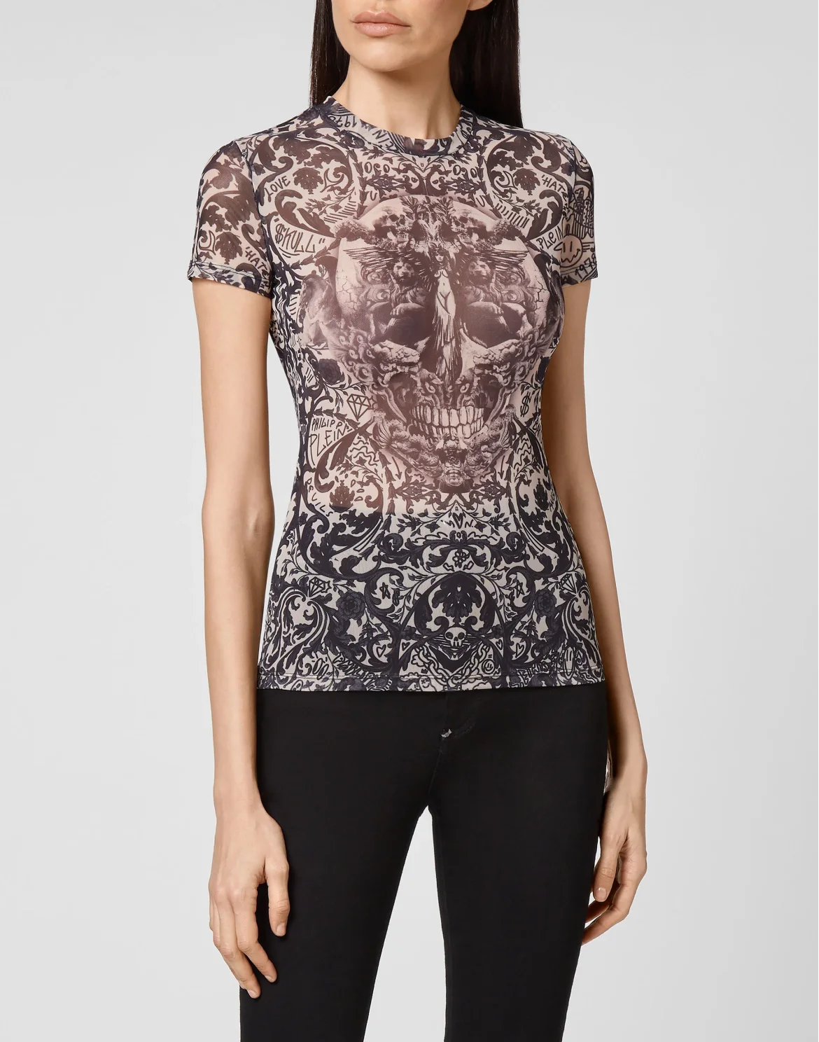T-Shirt Round Neck SS Stretch Printed Tulle New Baroque, цвет: Розовый