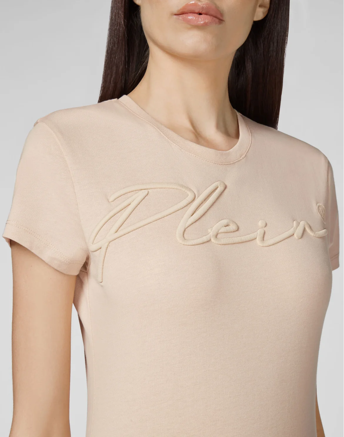 Satin T-shirt Round Neck SS Embroidery Signature, цвет: Бежевый