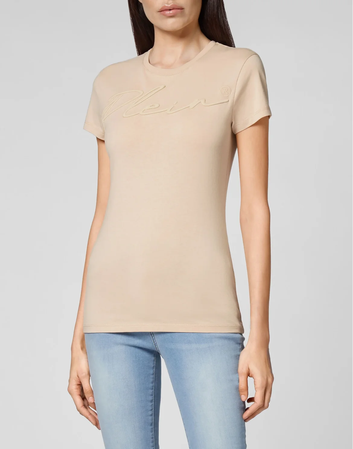 Satin T-shirt Round Neck SS Embroidery Signature, цвет: Бежевый