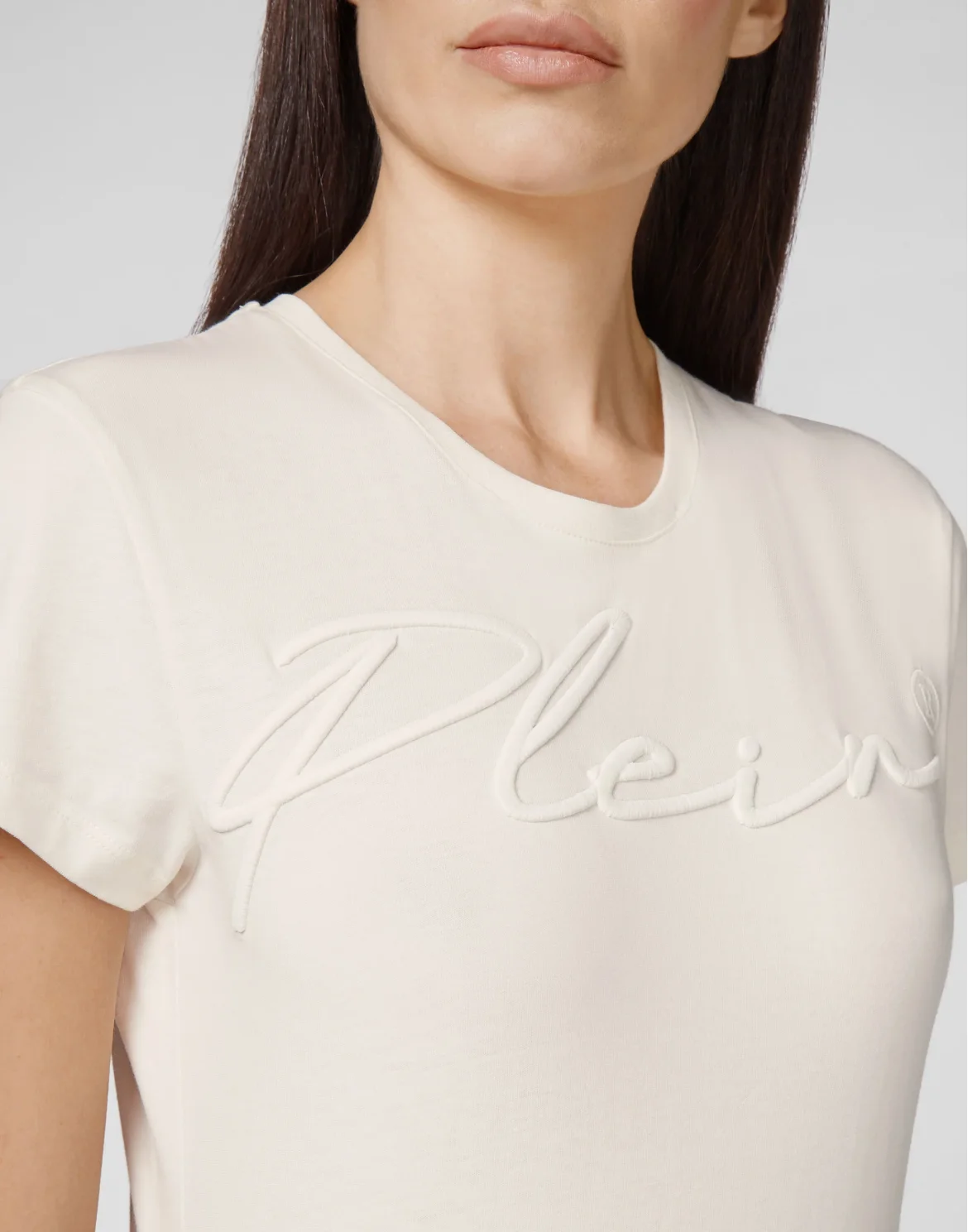 Satin T-shirt Round Neck SS Embroidery Signature, цвет: Бежевый