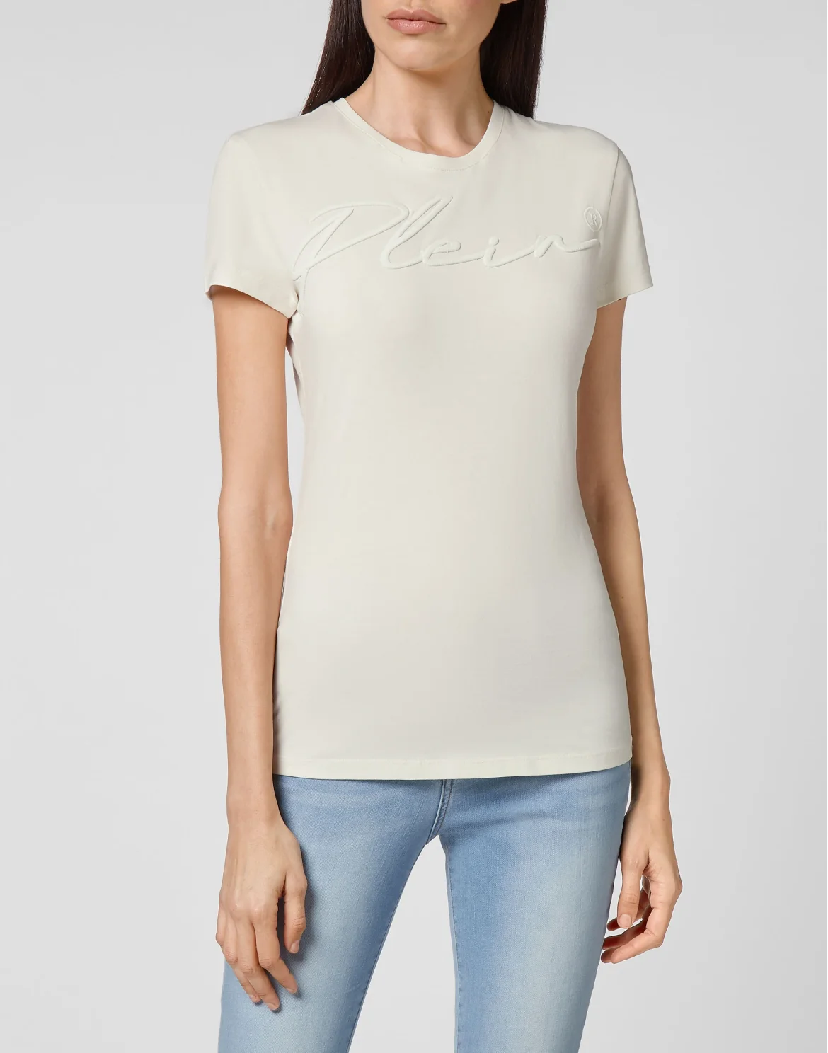 Satin T-shirt Round Neck SS Embroidery Signature, цвет: Бежевый