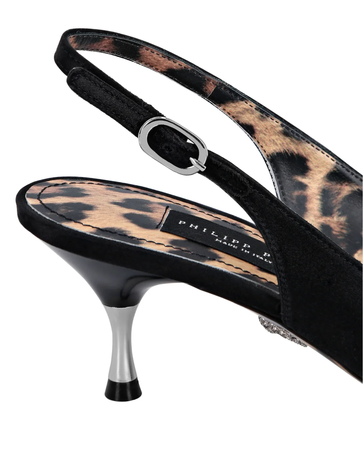 Satin Decollete Slingback Low Heels Crystal Hexagon, цвет: Черный