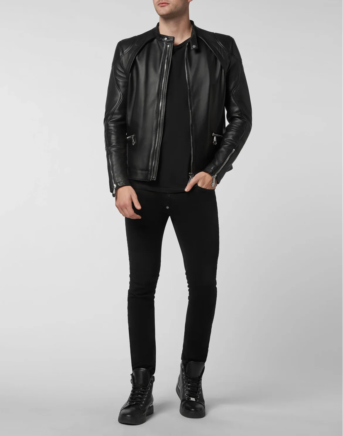 Slim Fit Leather Jacket, цвет: Черный