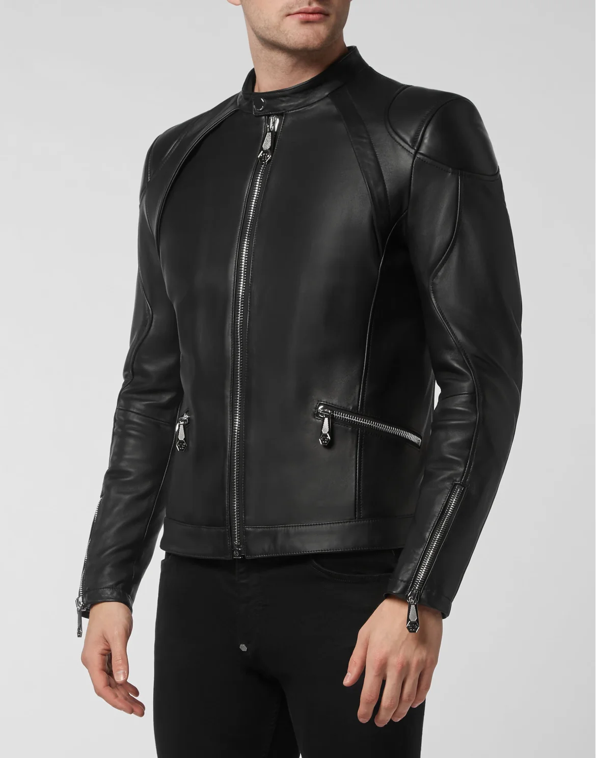 Slim Fit Leather Jacket, цвет: Черный