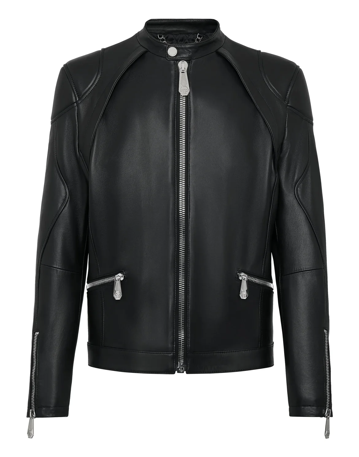 Slim Fit Leather Jacket, цвет: Черный