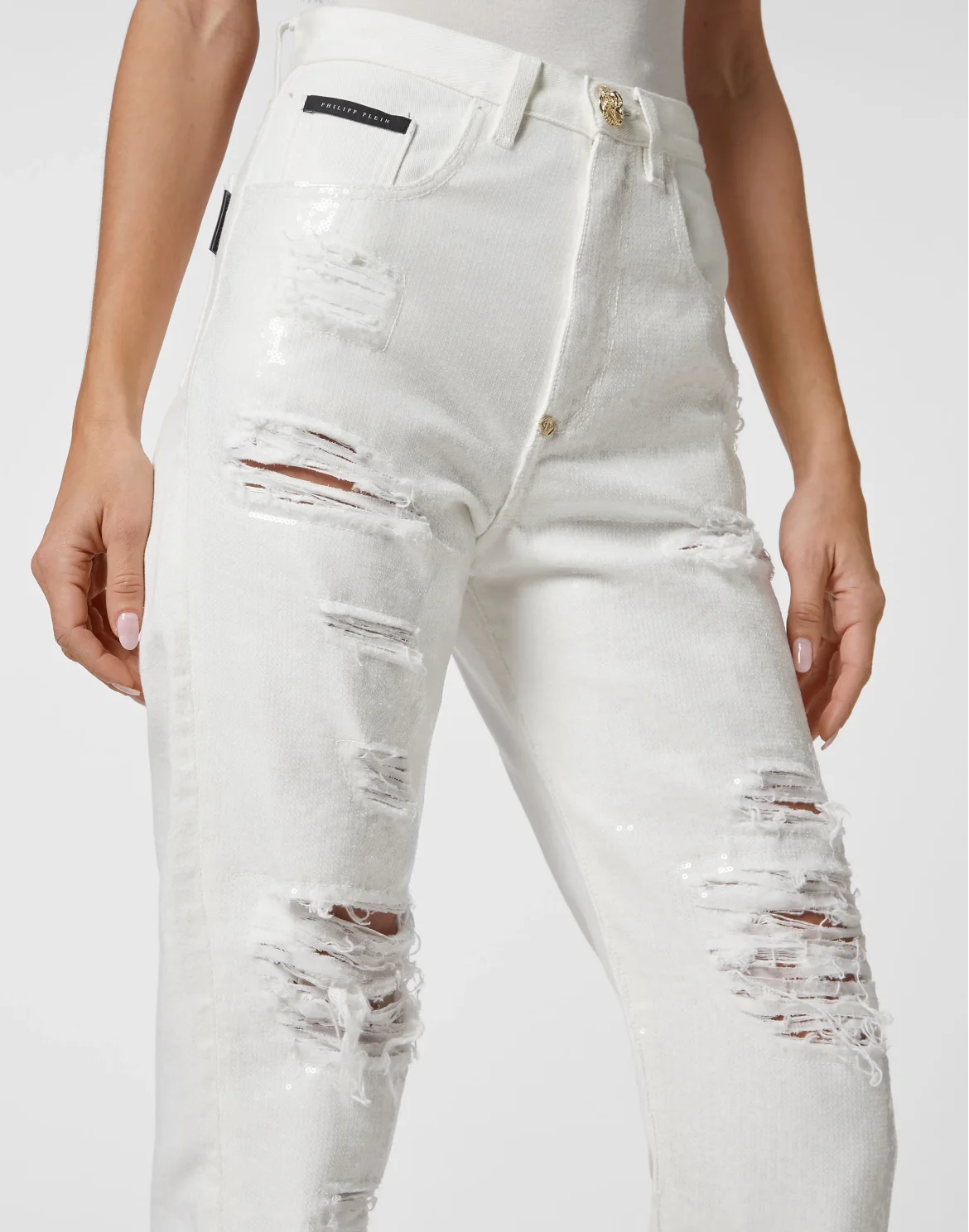 Denim Trousers Mom fit with Crystals, цвет: Белый