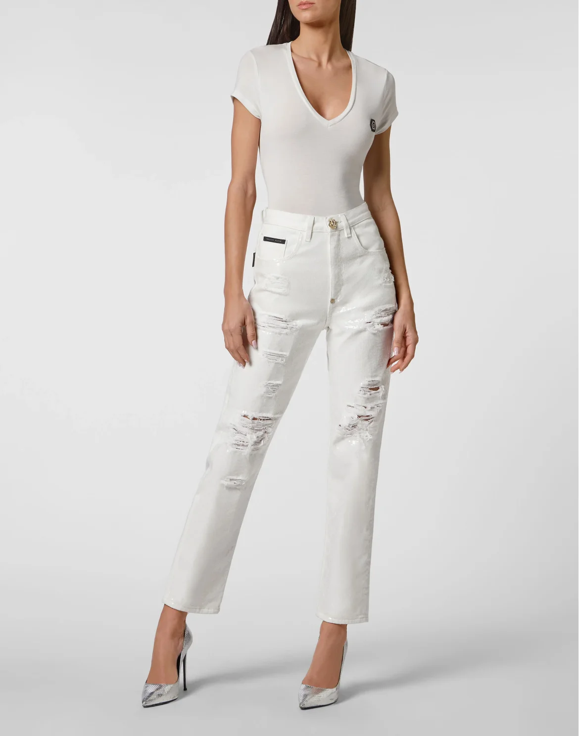Denim Trousers Mom fit with Crystals, цвет: Белый
