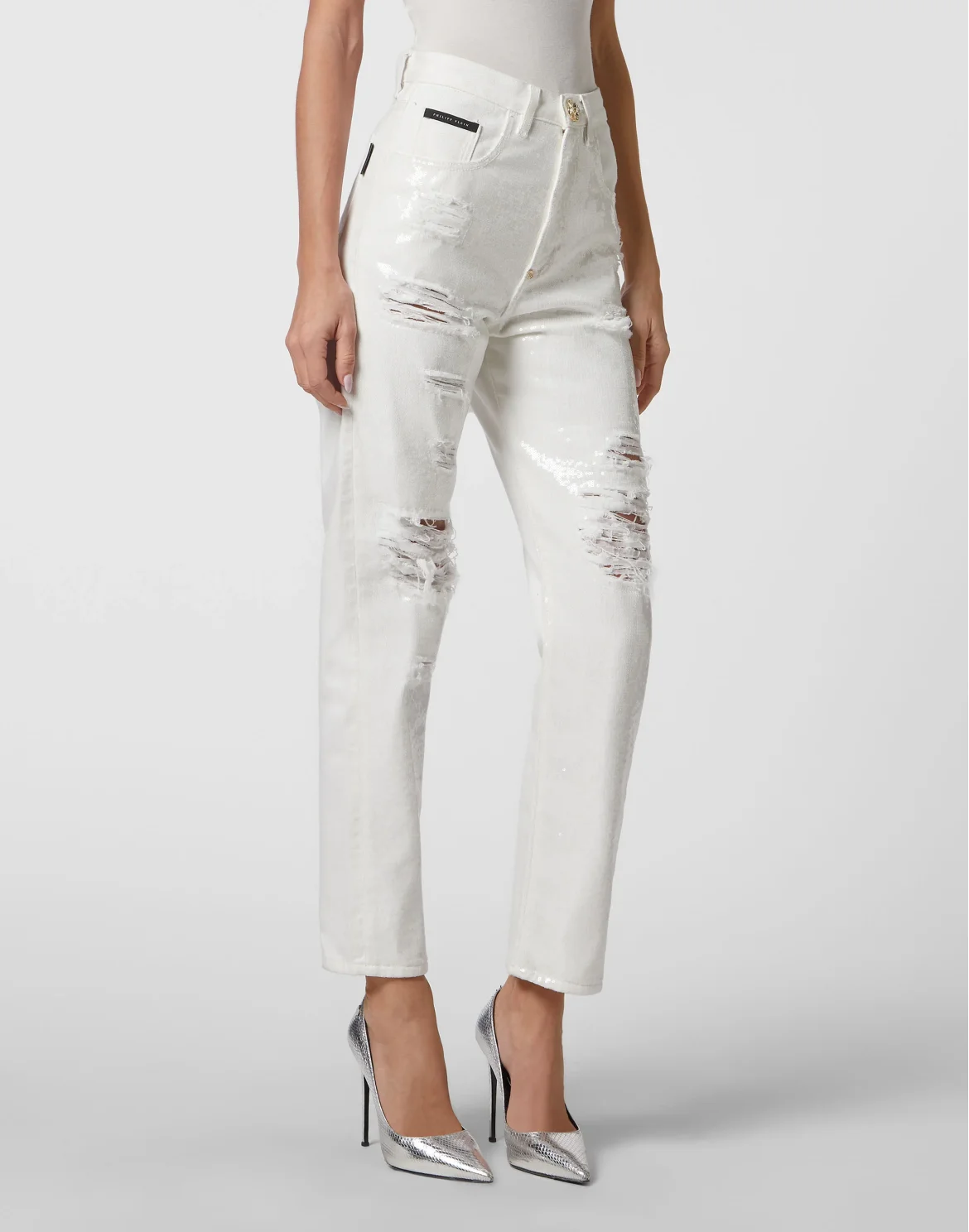 Denim Trousers Mom fit with Crystals, цвет: Белый