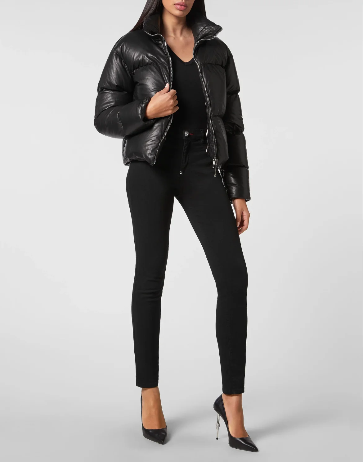 Leather Down Jacket, цвет: Черный
