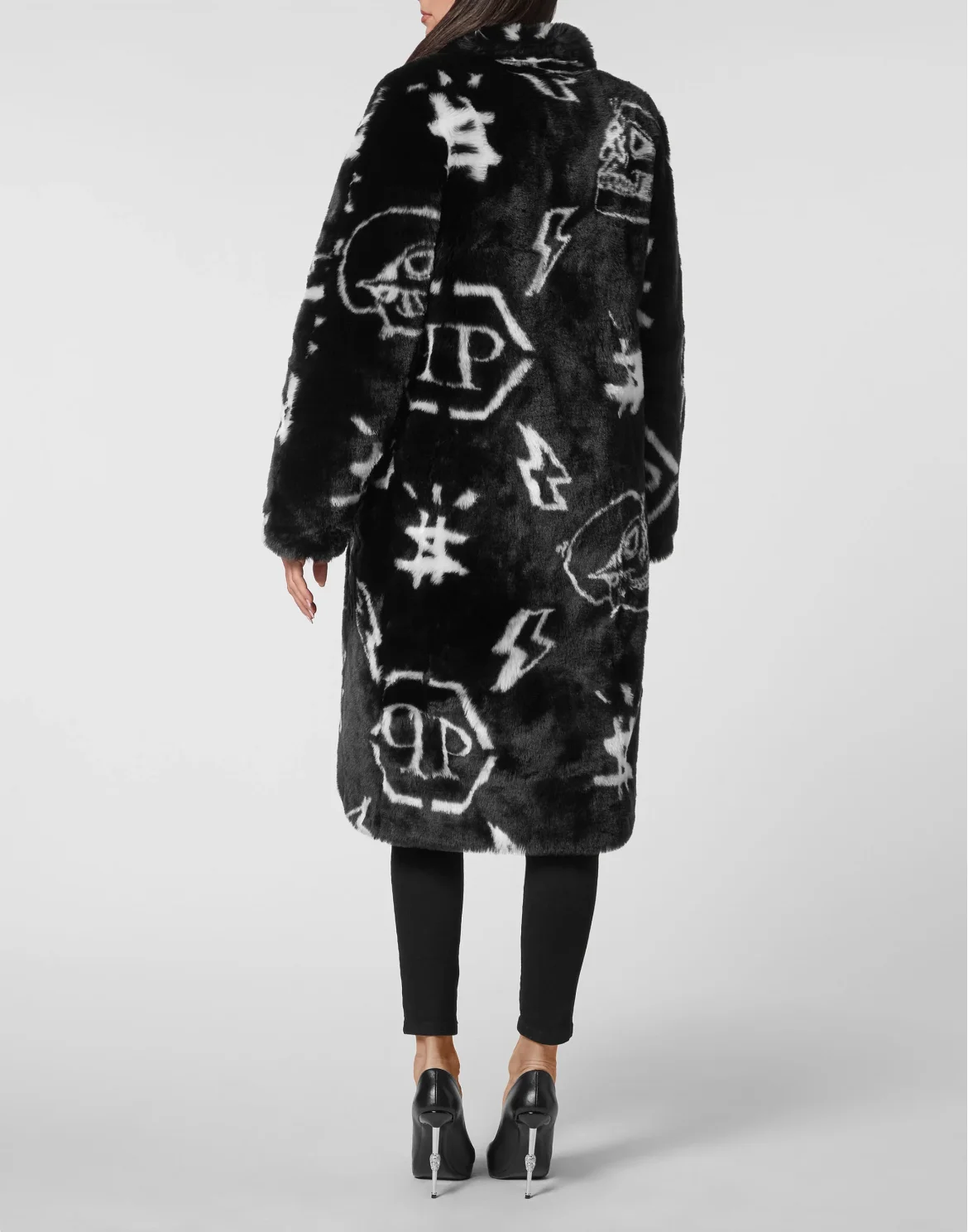 Eco fur Long Coat Monogram, цвет: Черный