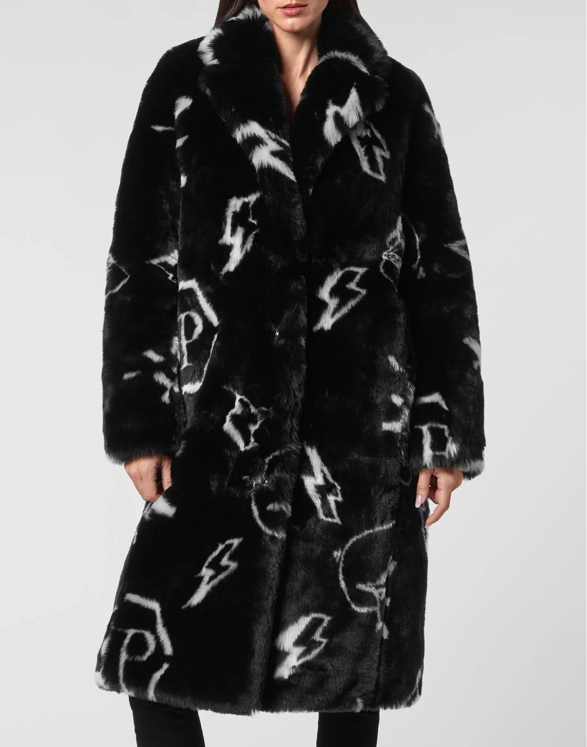 Eco fur Long Coat Monogram, цвет: Черный