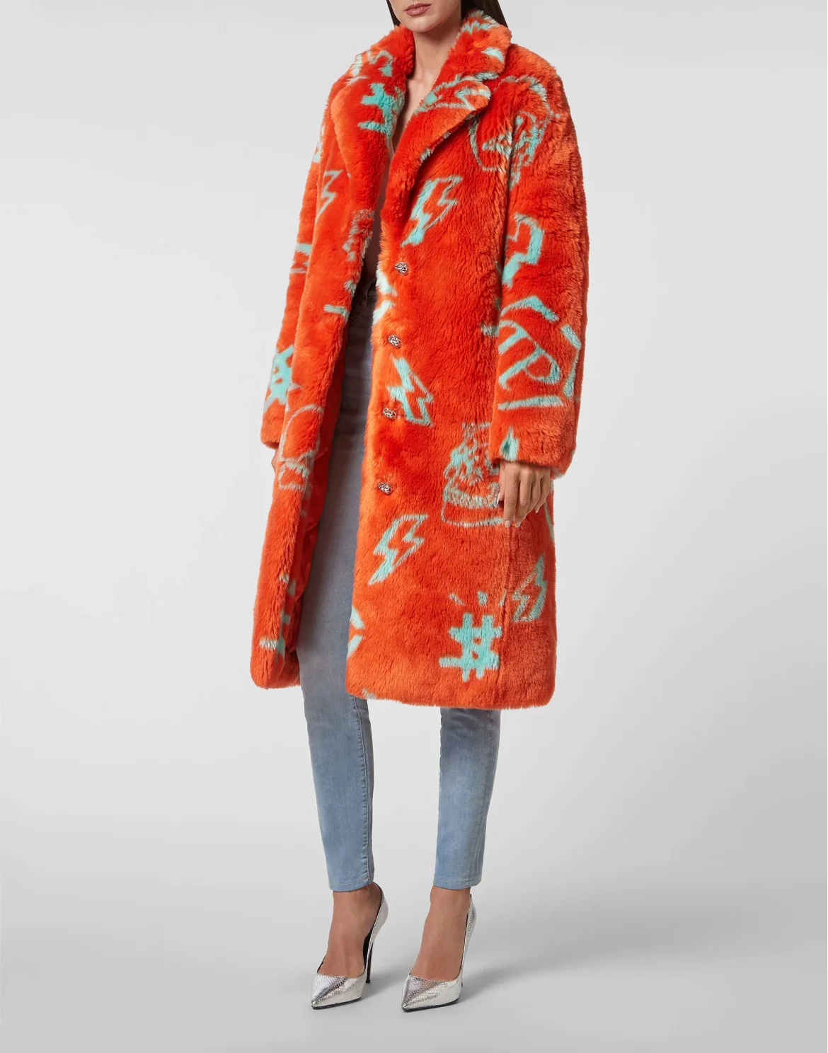 Eco fur Long Coat Monogram, цвет: Оранжевый