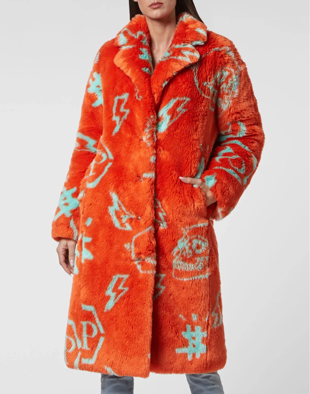 Eco fur Long Coat Monogram, цвет: Оранжевый