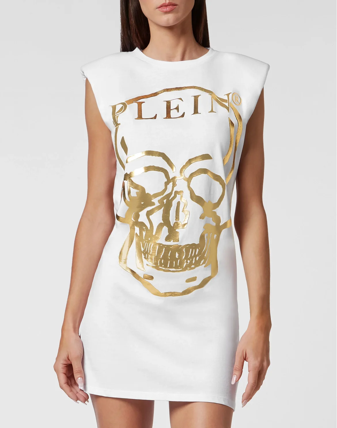 Sleeveless short dress Skull and Plein with Crystals, цвет: Белый
