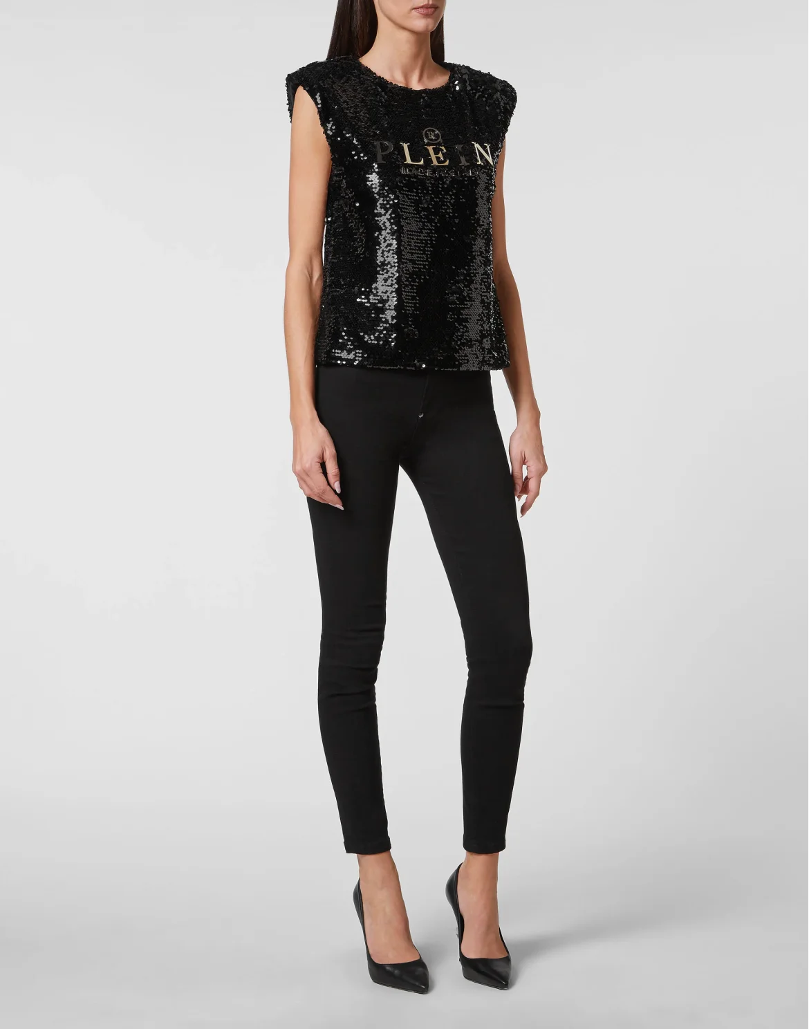 Tank Top Padded Shoulder with Crystals, цвет: Черный