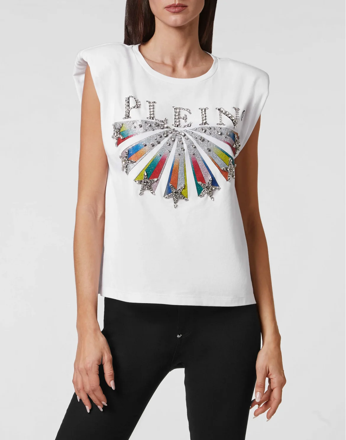 Tank Top Padded Shoulder Plein Star with Crystals, цвет: Белый
