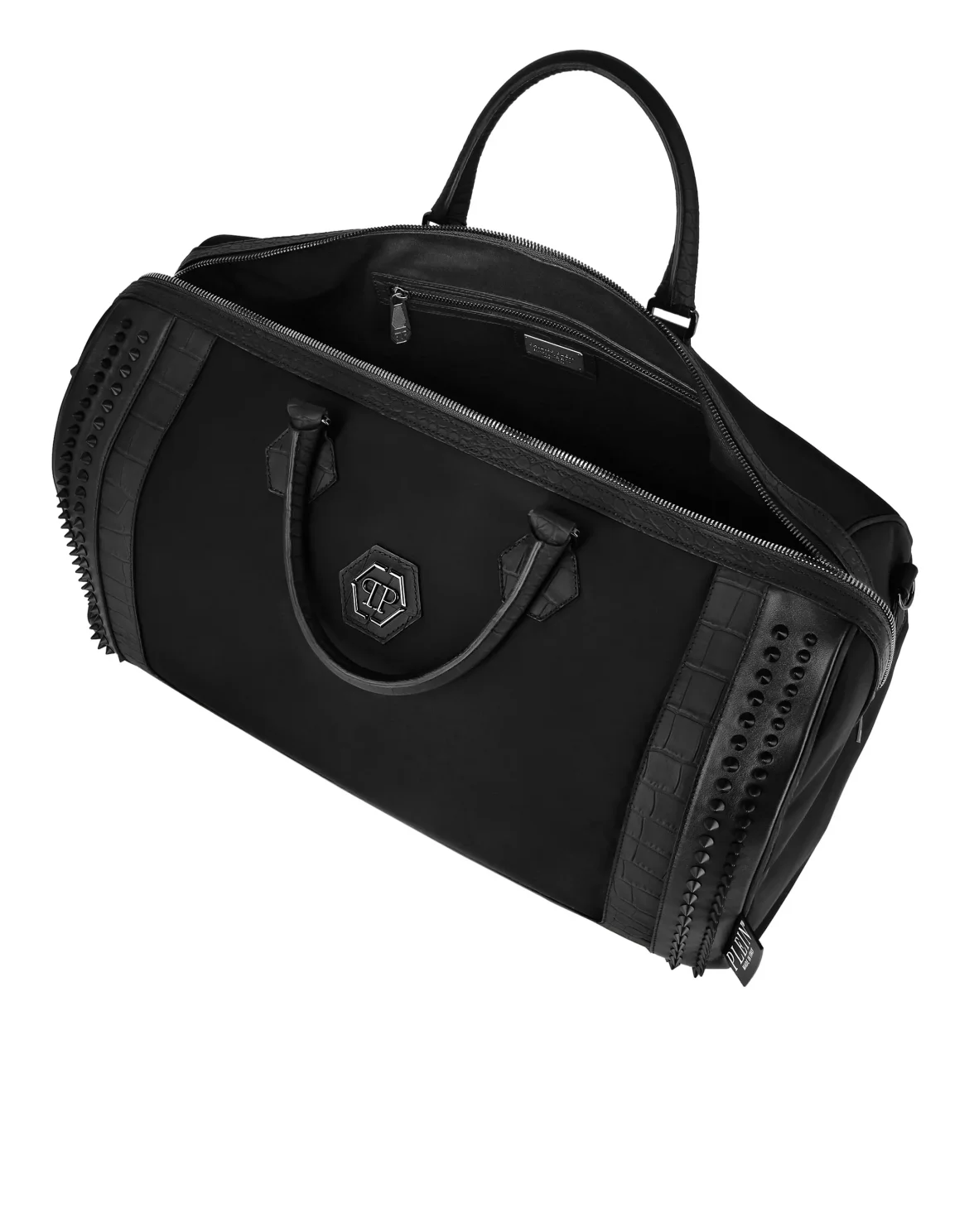 Nylon And Croco Effect Leather Handle Bag, цвет: Черный