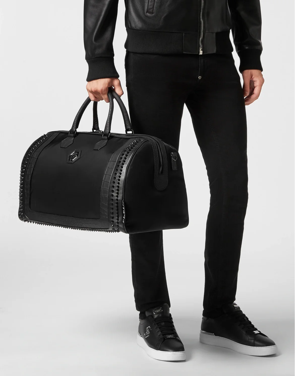 Nylon And Croco Effect Leather Handle Bag, цвет: Черный