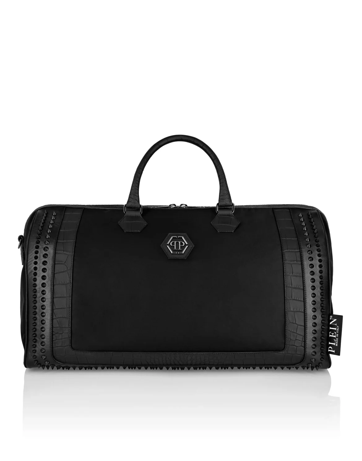 Nylon And Croco Effect Leather Handle Bag, цвет: Черный