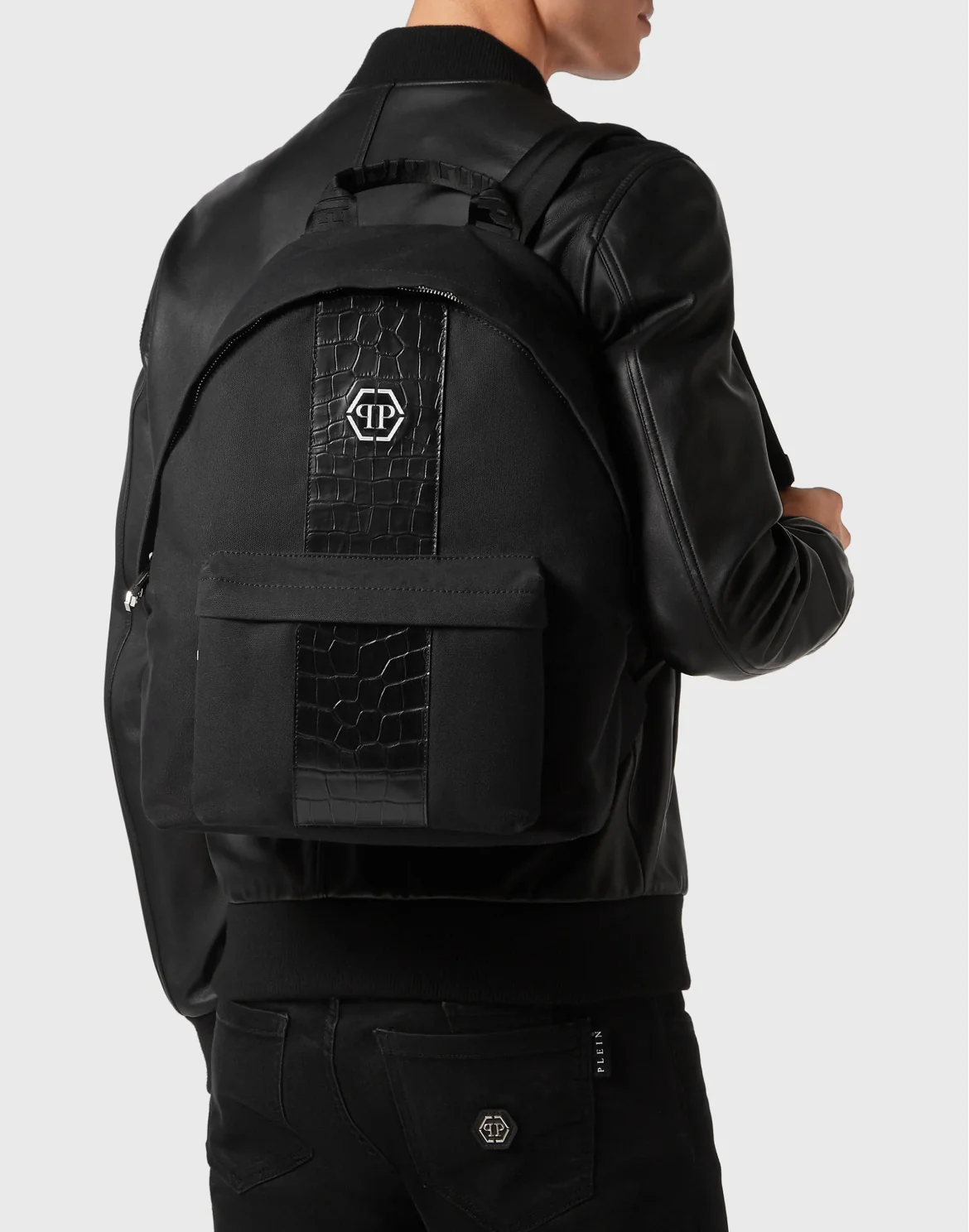 Croco Effect Canvas Backpack, цвет: Черный