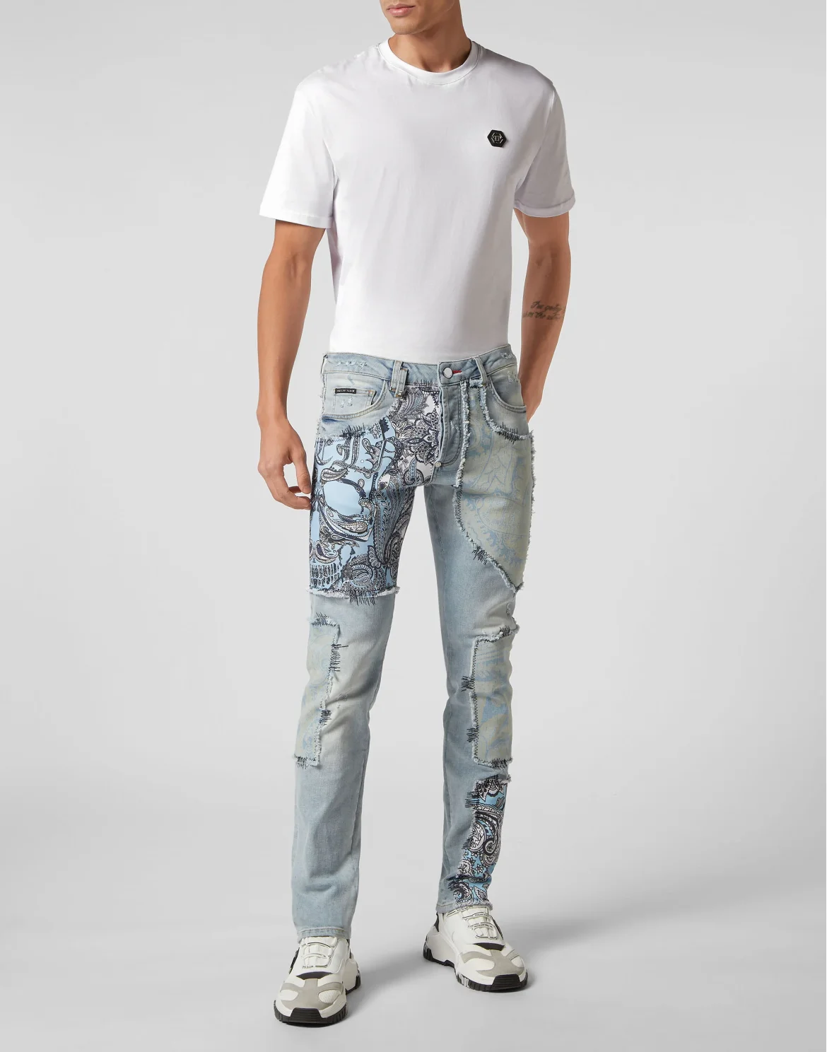 Denim Trousers Super Straight Cut Fit Paisley Patchwork, цвет: Голубой