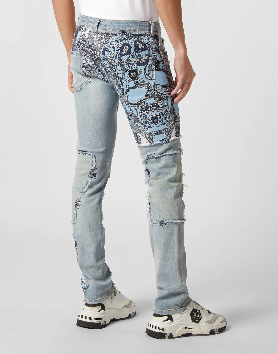 Denim Trousers Super Straight Cut Fit Paisley Patchwork, цвет: Голубой