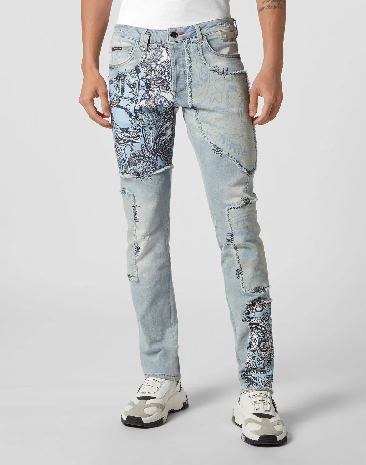 Denim Trousers Super Straight Cut Fit Paisley Patchwork, цвет: Голубой