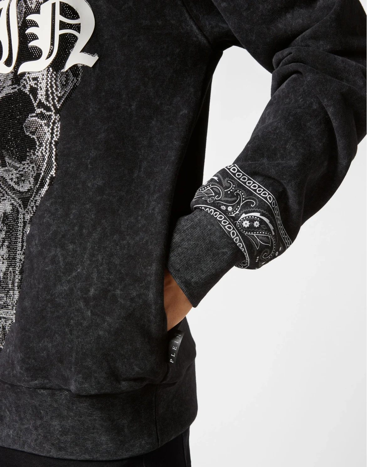 Washed Hoodie Sweatshirt Paisley Strass, цвет: Черный