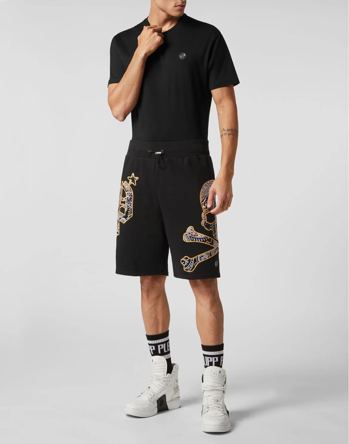 Satin Jogging Shorts Paisley Gothic Plein, цвет: Черный