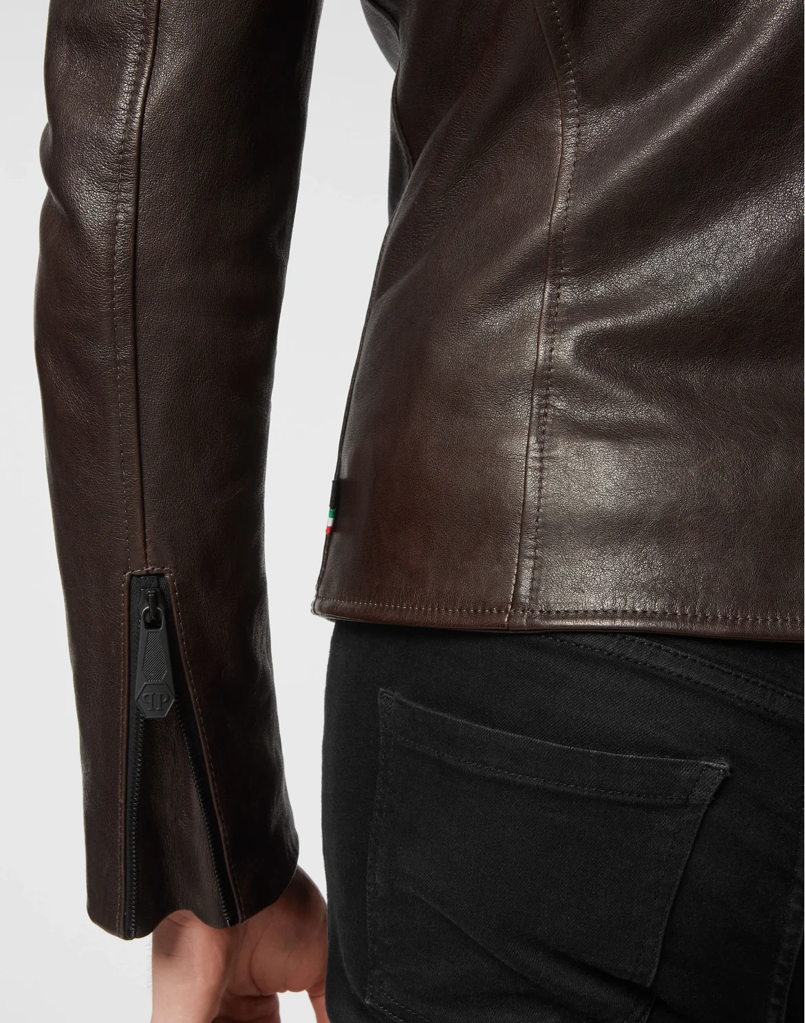 Padded Leather Biker Jacket, цвет: Коричневый