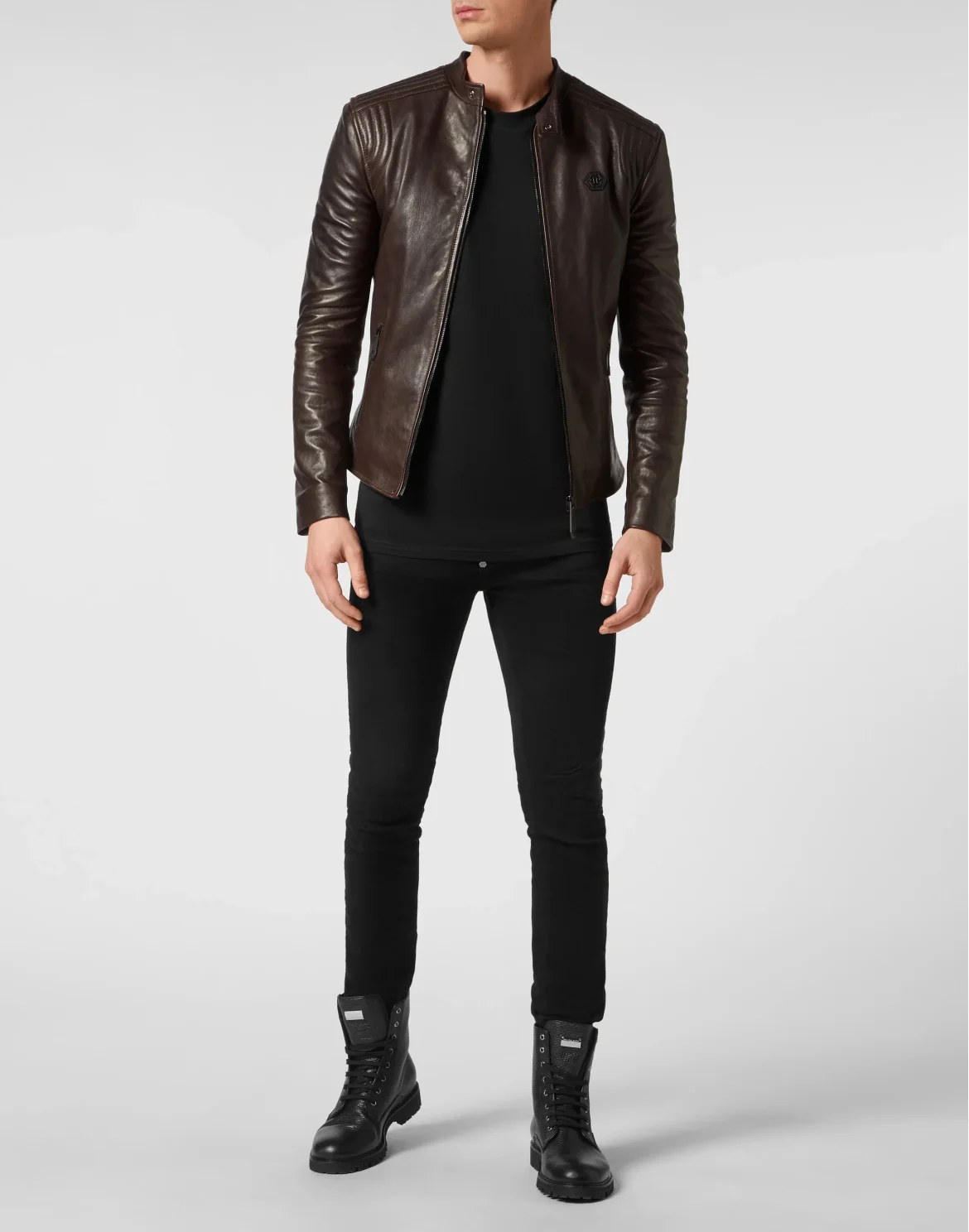 Padded Leather Biker Jacket, цвет: Коричневый