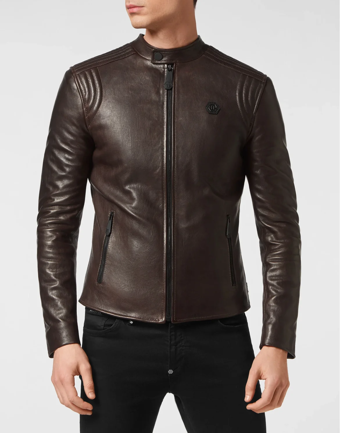 Padded Leather Biker Jacket, цвет: Коричневый