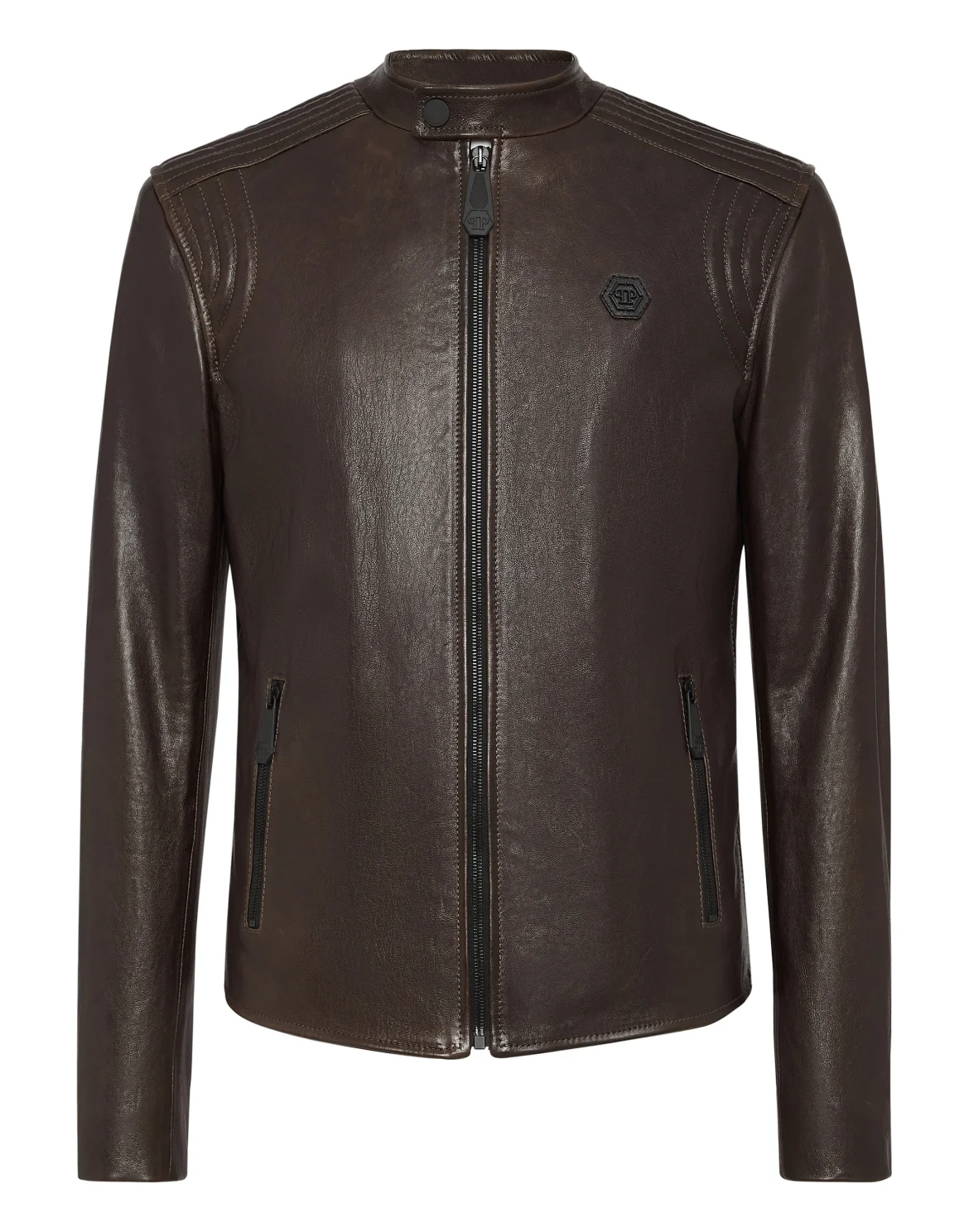Padded Leather Biker Jacket, цвет: Коричневый