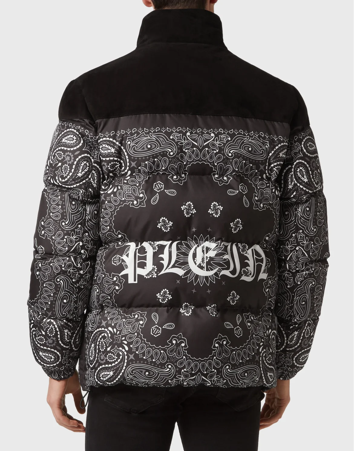 Nylon and Suede Down Jacket Paisley Bandana, цвет: Черный