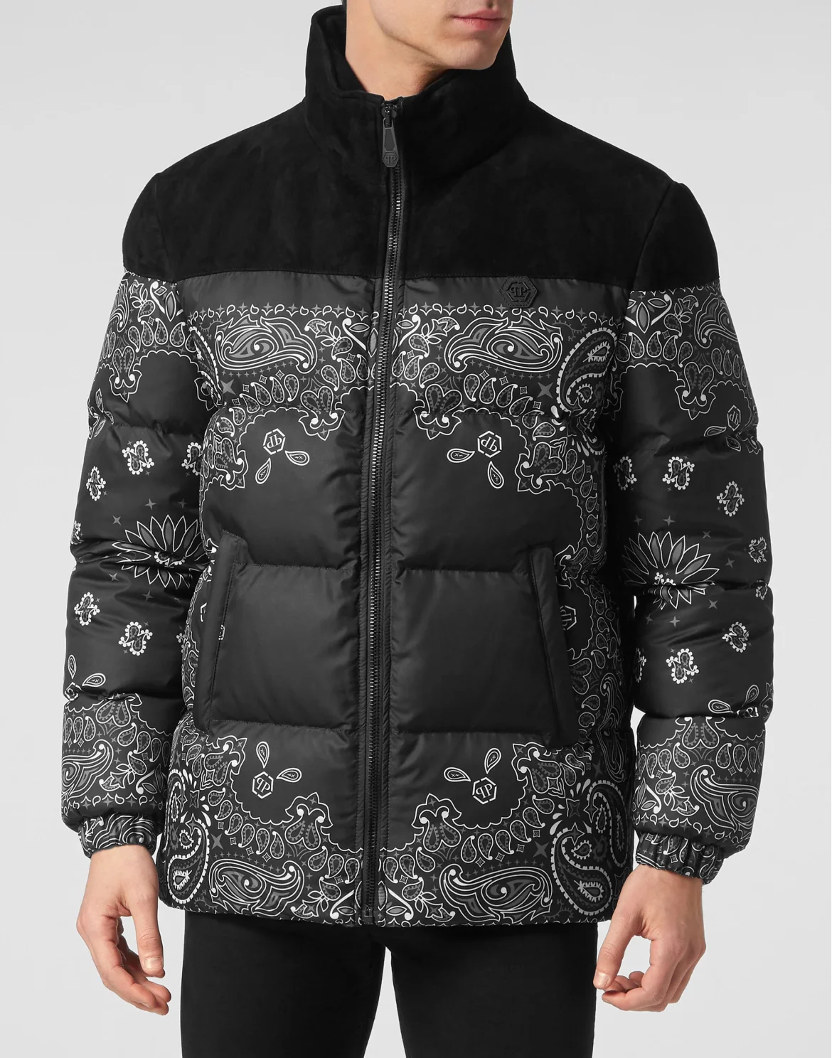 Nylon and Suede Down Jacket Paisley Bandana, цвет: Черный